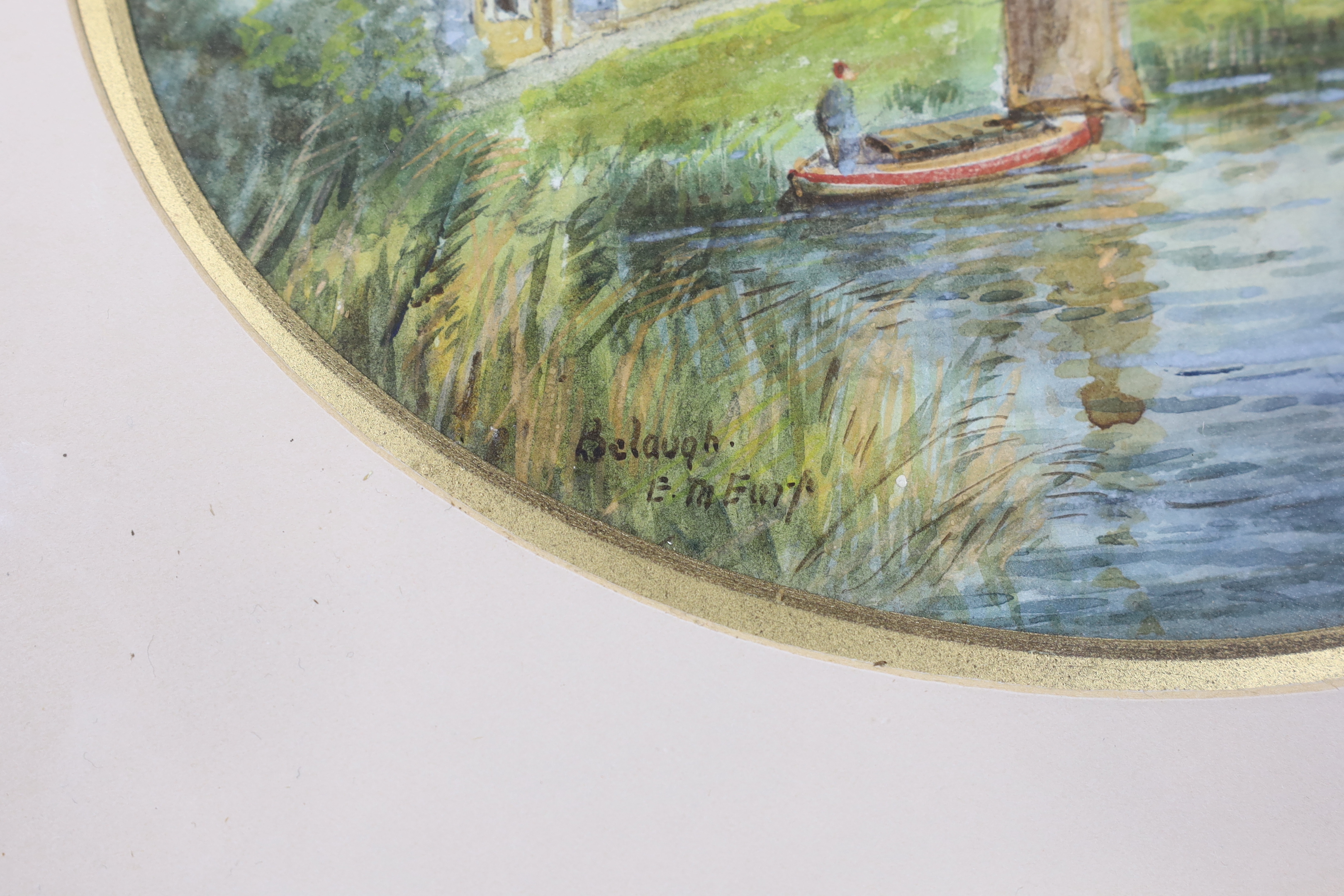 E H Earp, oval heightened watercolour, 'Belaugh', signed and inscribed, 17 x 21cm